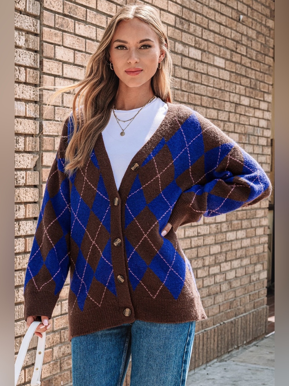 Cupshe • Women’s Cozy Blue & Brown Argyle Button-Up Cardigan Sweater Small NWT